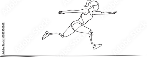Single one line drawing female athlete amputee on prosthetic leg long jump competition at athletics. one line icon drawing vector