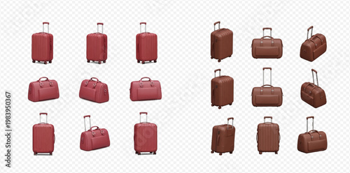 Set of red and brown travel suitcases and duffel bags in various angles on transparent background.