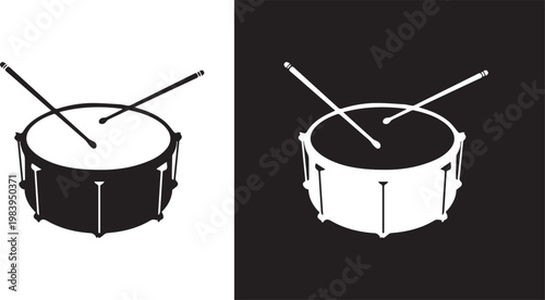 black and white snare drum icons with drumsticks on a white and black background