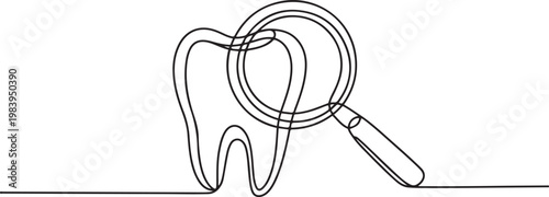 continuous line drawing teeth zoom with magnifying glass. one line icon drawing vector