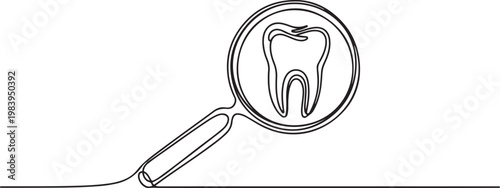 continuous line drawing teeth zoom with magnifying glass. one line icon drawing vector