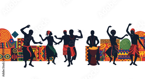 African dancers in traditional attire performing with vibrant cultural patterns and drumming