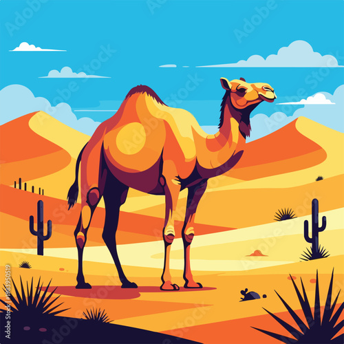 Camel standing in desert sand dunes.