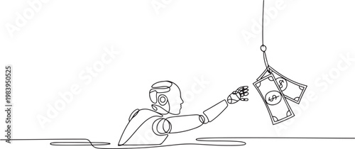 Single one line drawing robot swims and reaches for banknotes attached to a hook. Investing in an uncertain future for robots. one line icon drawing vector