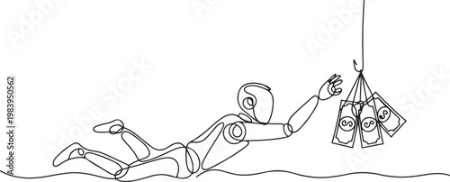 Single one line drawing robot swims and reaches for banknotes attached to a hook. Investing in an uncertain future for robots. one line icon drawing vector