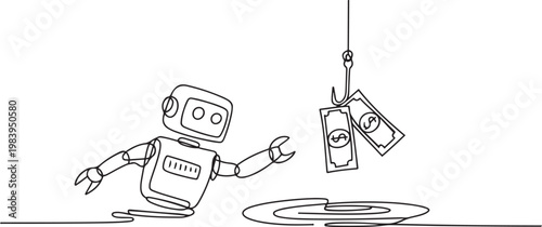 Single one line drawing robot swims and reaches for banknotes attached to a hook. Investing in an uncertain future for robots. one line icon drawing vector