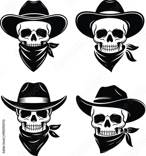 Cowboy skull silhouette set, western outlaw bandana hat illustration isolated vector black and white design