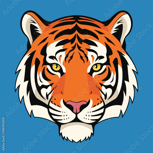 Closeup of tiger face looking forward.