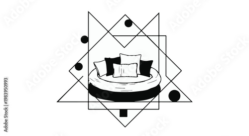 Minimalist geometric design featuring a circular sofa with cushions, evoking modern interior style.