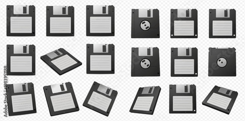 Collection of black floppy disks, data storage devices from the 1980s and 1990s, set on a transparent background.