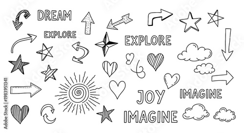 handdrawn doodle icons of arrows stars clouds hearts and words like dream and explore