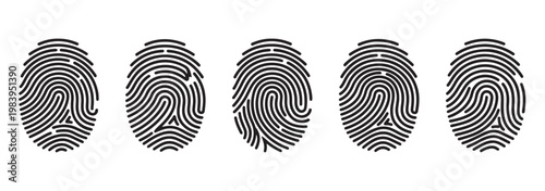 Fingerprint Biometric Identification Icons Set: Security and Identity Symbols. Fingerprint solid icon black, line, flat vector, isolated illustration. Touch ID icon set. Touch ID vector symbol set.