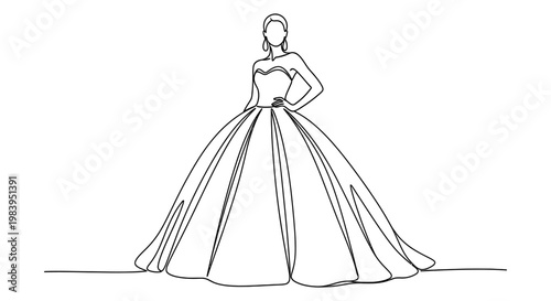 continuous line drawing of a woman in a voluminous ball gown with earrings