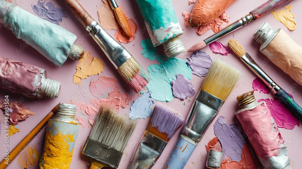 Fototapeta premium Flat lay of pastel brushes and paint tubes scattered naturally