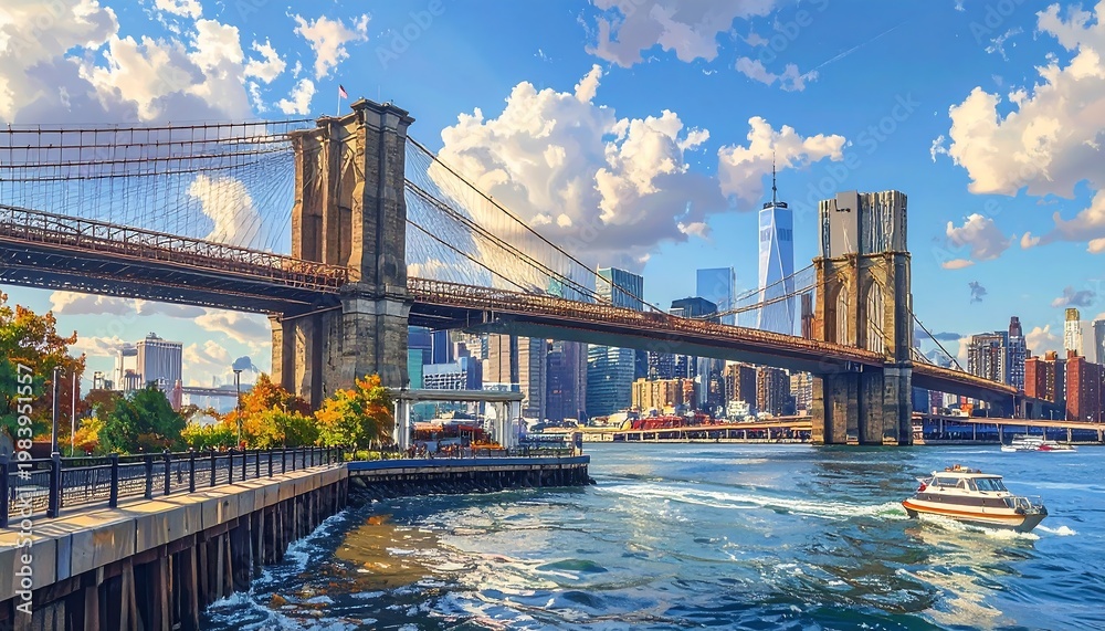 Obraz premium Scenic image of suspension bridge over water with city skyline & fluffy clouds