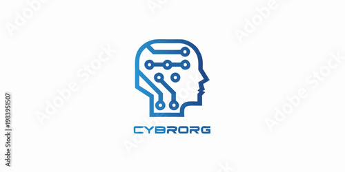 Blue cyborg head logo with integrated circuit design and text below