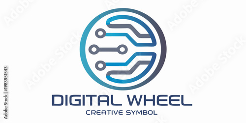 Abstract digital wheel logo with integrated circuit pathways and blue gradient