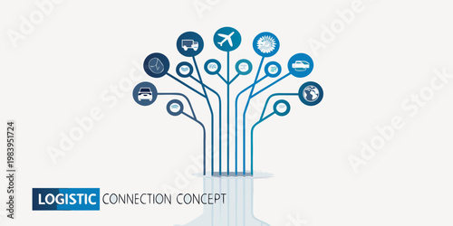 A conceptual tree representing logistics and global connections with icons