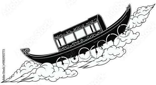 Whimsical gondola sailing through clouds on a magical journey