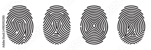 Collection of unique fingerprint patterns on white background closeup in black. Minimalist Fingerprint Icon Set – 4 Black Simple Thin Line Biometric Symbol Vector Collection. Fingerprint collection.