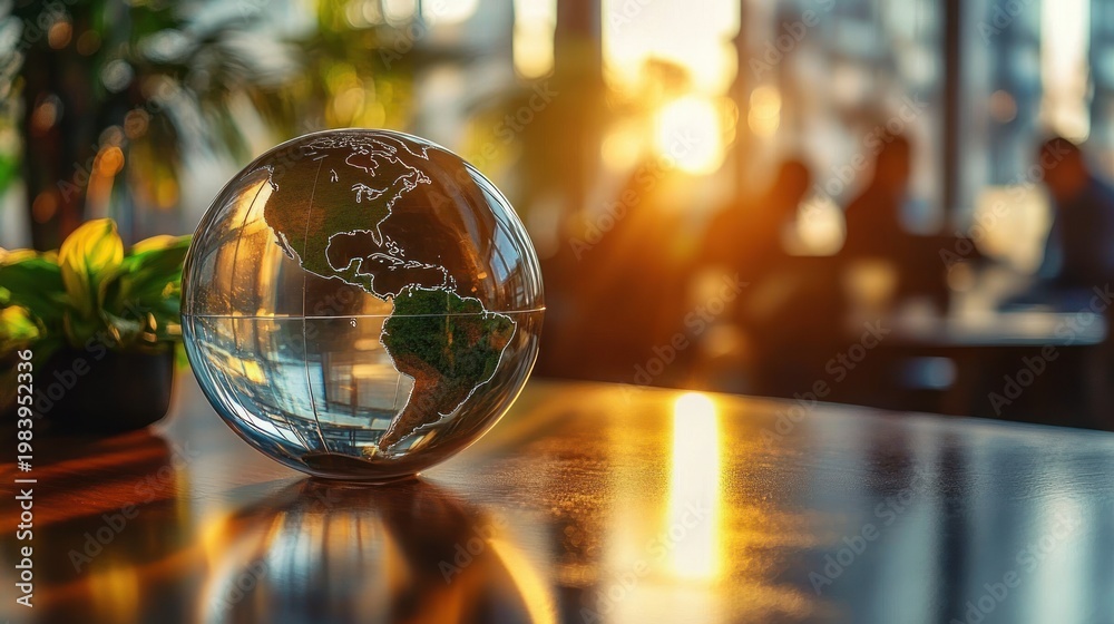 Fototapeta premium glass globe showing the americas on a polished table with warm golden sunlight, potted plant and blurred people in the background evoking a calm contemplative mood