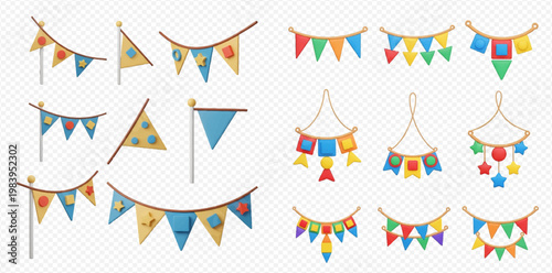 Colorful party garlands and festive flags for celebration and decoration, isolated on transparent background.