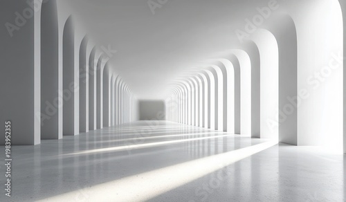 sunlit white colonnade corridor with repeating arches, polished floor, long shadows and a serene minimalist atmosphere
