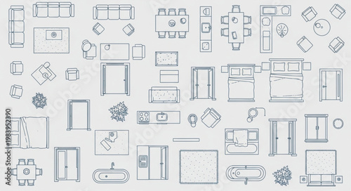 Collection of Architectural Floor Plan Symbols and Furniture Layouts.
