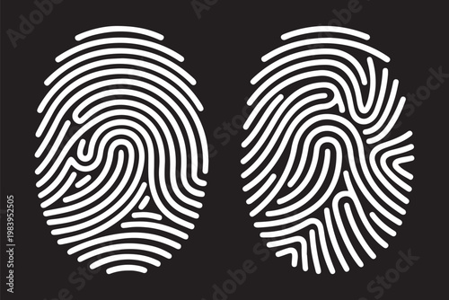 Fingerprint scan icons collection in black. Set of biometric identification symbols with different line patterns. White Fingerprint Icons. Abstract Spiral Patterns, Identity and Security Concept