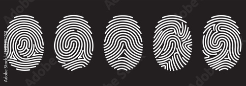 Fingerprint scan icons collection in black. Set of biometric identification symbols with different line patterns. White Fingerprint Icons. Abstract Spiral Patterns, Identity and Security Concept