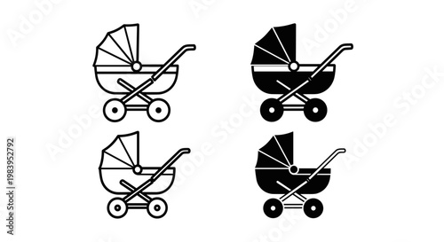 Baby stroller icon set outlined filled graphic design modern vintage transportation baby carriage pushchair transport infant child pram.