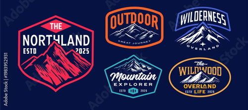 colorful mountain rustic badge design for t-shirt. set collection of vintage adventure badge. Camping emblem logo with mountain illustration in retro style isolated on black background