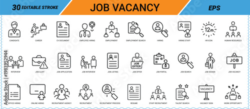 Job vacancy and recruitment icons set with editable stroke and white background Keywords: icon set