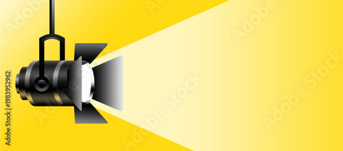 3d Hanging spotlight lamp vector isolated illustration on yellow background. Spotlight with bright lights. Vector set of light. Light source, studio lighting. Spotlight lighting banner, spotlight. 