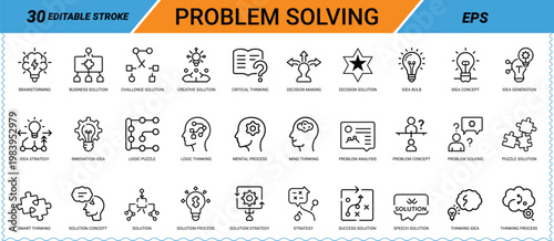 Problem solving and thinking process icons set with editable stroke and icon set white background