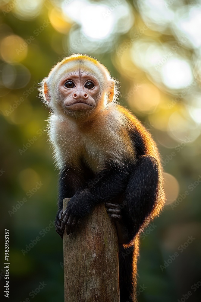 Fototapeta premium small capuchin monkey perched on a wooden post, backlit by warm golden sunlight with soft bokeh, looking curious and contemplative