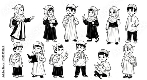 Islamic children in traditional attire, black and white illustration.