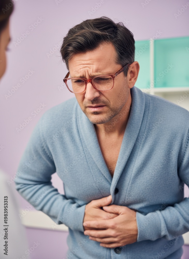 Naklejka premium Mature Man in Pain Clutching Stomach During Medical Consultation in a Clinic for Healthcare Awareness Campaign, Featuring Empathetic Patient and Caregiver Interaction
