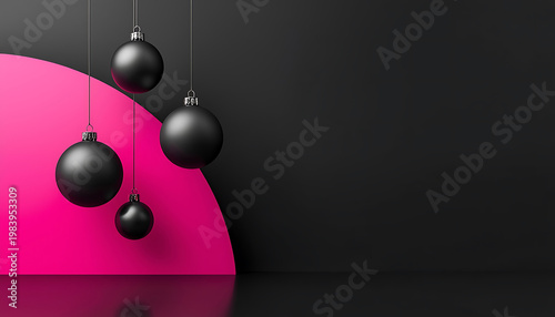 Black christmas balls hanging on a pink background. 3D Rendering