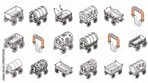 Isometric line art collection of various wagons and carts, detailed vector illustrations for vintage, fantasy, or game asset designs.