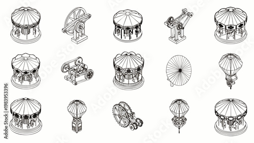 Isometric outline collection of classic amusement park rides, featuring carousels, Ferris wheels, and other fairground attractions. Detailed vector illustrations for design.