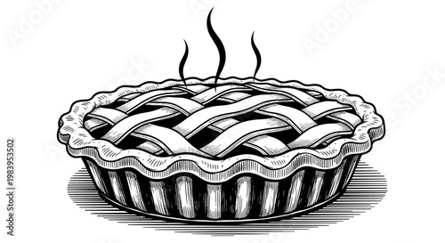 Black and white ink drawing of a delicious lattice top pie with steam rising from hot baked dessert.