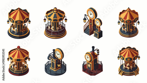 Isometric vintage steampunk carousels and clock towers. Retro amusement park rides, fantasy time machines, and antique fairground attractions.