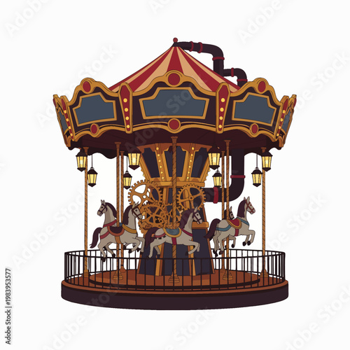 Classic vintage carousel illustration with beautifully decorated horses, evoking a nostalgic fairground and amusement park experience. Retro merry-go-round design.