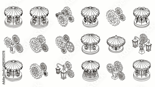 Isometric line art icons set: vintage carousels, mechanical gears, and antique lanterns. Ideal for retro, amusement park, steampunk, or fairground themes.