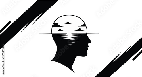 Silhouette of a head filled with a serene landscape of clouds and water, symbolizing imagination and inner world.