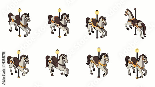 Collection of eight classic carousel horses, beautifully rendered in a whimsical cartoon style, perfect for fairground and amusement park themes.
