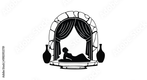 Elegant silhouette of a reclining woman within an arched stone structure adorned with curtains.