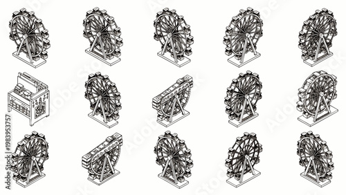 Isometric line art collection of classic amusement park rides. Detailed black and white illustrations of multiple Ferris wheels and fairground attractions.