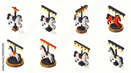 Isometric carousel horse icons set with various designs and colors, perfect for fairground, amusement park, and vintage entertainment themes.